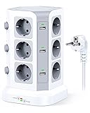 KOOSLA 12 Fach Steckdosenleiste (4000W/16A), 6 USB Mehrfachsteckdose mit Überspannungsschutz, einzeln schaltbarer Steckdosenturm für Büro Küche Tisch, 2M Kabel, Weiß