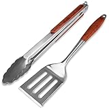 VDISRR Grillbesteck Set, 2-teilig Grillzubehör aus Edelstahl, Premium Grillzange und Grillwender, Lang Holzgriff