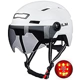 ILM Fahrradhelm mit Visier und LED Licht Mountain&Road Fahrradhelme für Damen und Herren Fahrradhelm für Pendeln in der Stadt E3-10L,Weiß S-M