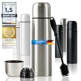 Edelstahl Thermosflasche mit Becher & Bürste; Thermoskanne Doppelwandige Isolierkanne; Auslaufsicher, Spülmaschinenfest & BPA-frei + Reinigungsbürste; hält Getränke heiß & kalt (Silber - 500 ml)