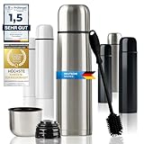 Edelstahl Thermosflasche mit Becher & Bürste; Thermoskanne Doppelwandige Isolierkanne; Auslaufsicher, Spülmaschinenfest & BPA-frei + Reinigungsbürste; hält Getränke heiß & kalt (Silber, 500 ml)