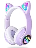 LAIBUY Bluetooth Kopfhörer Kinder, Kabellos Kinder Kopfhörer mit LED-licht Katzenohren und Mikrofon,HD Stereo Sound Faltbare Mädchen Kopfhörer für PC/Telefon/Lernen/Reisen (Lila)
