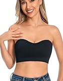 ANGOOL Damen Trägerloser BH Push Up ohne Bügel Bandeau Top Damen Gepolsterter Seamless Ribbed Rutschfestes Silikon mit Transparenten Trägern, Schwarz, L