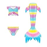 Generisch Flosse Meerjungfrau Kinder, Meerjungfrauenflosse Mädchen Monoflosse mit Bikini Cosplay Lässige Badebekleidung für Mädchen, Bikini-Badeanzug, 3-Teiliges Set Kinder, 150