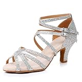 Rosefinch Lateinamerikanische Tanzschuhe mit Strasssteinen,Salsa-Tanzschuhe für Damen/Mädchen,weiche Sohlen,Tanzschuhe,Silberne 5cm Absatz,40 EU