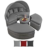 Montafox 13-teilige Polyrattan Lounge Muschel Sonneninsel Sonnendach Klappbar Zierkissen Auflagen 10 cm Dicke, Farbe:Kieselstrand