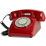 Opis 60s Cable: Retro Telefon mit Wählscheibe - Festnetztelefon mit Schnur, Nostalgie Telefon Analog, Antikes Telefon, Vintage Telefon im 80er Stil, EIN Wählscheibentelefon im Retro Design, rot