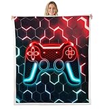 Homewish Gamer Decke für Jungen,Videospiel Fleecedecke 150x200cm Gamepad Wurfdecke für Kinder Mädchen Erwachsener Spielzimmer Dekor Neon Licht Waben Geometrisch Fuzzy Decke Oder Blau Rot