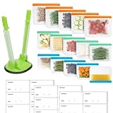 MHSEcoFriendly Meal Prep Set mit 15x Gefrierbeutel, 1x Beutel Halter & 20x Klebeetiketten - Küchen Gadgets Lebensmittel Aufbewahrung - wiederverwendbare Silikonbeutel, Baggy Racks & Gefrieretiketten