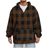 Herren-Pullover mit Stehkragen und Reißverschluss Polarfleece Hoodie Langarm Karomuster Pulli Lockere Winterpullover mit Gemütliche Tasche Warm Bequem Kapuzenpullover Klassisch Retro Sweatshirt