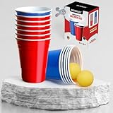 American Becher [50+10] Partybecher Set – 25 blaue + 25 rote + 10 Tischtennisbälle – 473 ml – Trinkbecher – Party Gadget – Wiederverwendbare Getränkebecher – Plastikbecher für Partyspiele – Blue Cups