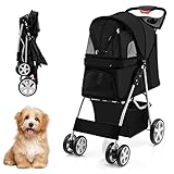 COSTWAY Hundewagen Haustiere Buggy bis 15kg, Hundebuggy mit Netzfenstern & Getränkehalter & Anhänger, Katzenbuggy für kleine Hunde Katzen (Schwarz)