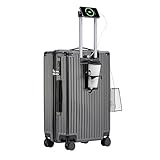 lesulety Medium Hartschalenkoffer 4 Räder Leichtes Handreisegepäck 24 Zoll Koffer mit USB-Ladegerät, Getränkehalter und Schloss, 64x41x25cm,Grau,M