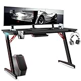 Gaming Schreibtisch LED 120 x 60 cm, Gaming Tisch mit LED, Z Rahmen Stabiler PC Tisch mit Kohlefaserbeschichtung, Gamer Tisch mit Getränkehalter, Veranstalter und Kopfhörerhaken, Einfach zu Montieren