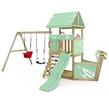 Wickey Spielturm DinkyHouse Piratenschiff - pastellgrüne Rutsche & Plane - Kinder Kletterturm für den Garten aus Massivholz - 372x317x247 cm