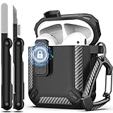 RFUNGUANGO Kompatibel mit AirPods hülle Schutzhülle mit Reinigungsset, militärische Hartschalen-Schutzhülle mit Schloss Kompatibel mit airpods 2/1 Generation hülle,Schwarz