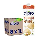 Alpro Mandel-Drink Ohne Zucker, Ungeröstet, Pflanzlicher Drink, Vegan, Laktosefrei, Glutenfrei, UHT, 8x1L