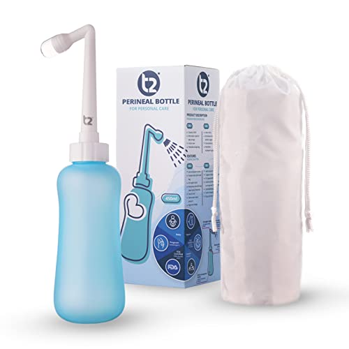 T2 Peri-Flasche - Tragbares Bidet für die Wochenbett-Pflege, Dammschmerzlinderung - 450-ml-Quetschflasche mit 60°-Winkeldüse, waschbare Aufbewahrungstasche - Für Krankenhaus, Schwangerschaft
