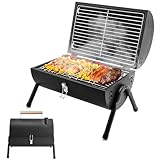 Holzkohlegrill Klein BBQ Grill Klappgrill Mini Koffergrill mit Deckel Tischgrill Tragbarer Grill Doppel Grillfläche für Outdoor Camping Balkon Picknick und Barbecue (Schwarz, 50 x 37,5 CM)