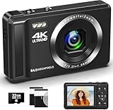 Digitalkamera 4K FHD Vlogging-Kamera, 64 MP Autofokus-Kompaktkamera mit 16-fachem Digitalzoom, wiederaufladbare 2,4-Zoll-Mini-Kinderkamera mit 32 GB Speicherkarte