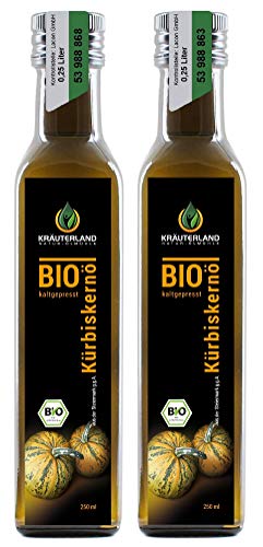 Kräuterland BIO Kürbiskernöl 500ml - 2x 250ml Original steirisches Kürbisöl aus gerösteten Kürbiskernen - 100% rein, kaltgepresst, vegan - Premium Qualität aus der Steiermark