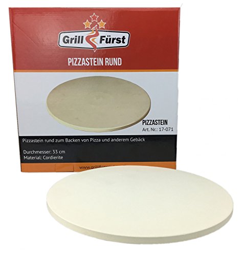 Grillfürst Pizzastein rund aus Cordierit - Pizza Steinplatte für Grill und Backofen, schnell aufheizender Backstein für knusprige Pizzen, Ø 33 cm