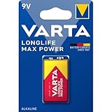 VARTA Batterien 9V Blockbatterie, 1 Stück, Longlife Max Power, Alkaline, für Rauchmelder, Brand- & Feuermelder, Mikrofon