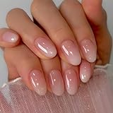 MouyouGlow Press on Nails Kurz,Oval Rosa Farbverlauf Weiß Fake Nails mit Nagelkleber,Glänzend Pink Ombre White Künstliche Fingernägel