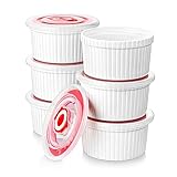 MALACASA Creme Brulee Schälchen 6er Set, Ø 9cm - 240 ml Souffle Förmchen Backofenfest mit Deckel, Porzellan Ofenfeste Förmchen, Creme Brulee Schalen, Mini Auflaufform, Weiß, Serie Ramekin