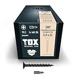 TOX Schnellbauschrauben DRY GG 3,9 x 25 mm, Schrauben schwarz phosphatiert mit Trompetenkopf + Grobgewinde, Gipskartonplatte auf Holz-Unterkonstruktion, PH2, 1000 Stück, inkl. 1x Bit, 142353213925