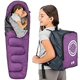Trail Schlafsack Kinder Mumienschlafsack als Schlafsack 3 Jahreszeiten für Camping – 300gsm – für Jungen und Mädchen – mit Leichtem Transportrucksack - Lila