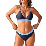 iSLASISIA Damen Bikini Set, Triangel, breites Unterbrustband, Bademode, Badeanzug（Dunkelblau&Blau,EU38）