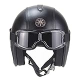 Labzaa Deutsch Lederhelm Helm Halboffenen Vintage Öffnen Motorradhelm mit Brille Motorradkreuzer-Rollerhelm für Cruiser Chopper Biker Moped DOT/ECE-Zulassung Black S