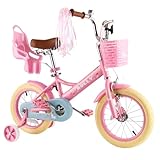 RULLY 14 Zoll Kinderfahrrad für 3 4 5 Jahre Mädchen mit Stützrädern & Handbremse vorne, Kinderfahrrad mit Korb, Fahrrad, Streamer, Kleinkinderfahrrad, Rosa