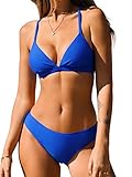 CUPSHE Damen Bikini Set Triangel V Ausschnitt Low Waist Lace Up Bademode Zweiteiliger Badeanzug Swimsuit Kobaltblau M