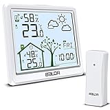 Wetterstation Funk mit Außensensor, Digital Funkuhr mit Innen und Außen Thermometer, Raumthermometer Feuchtigkeit mit Wettervorhersage Uhrzeit Temperatur Wecker Funktion, zum Stellen/Hängen(Weiß)