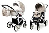 BabyLux White Lux 2-in-1 Baby Kinderwagen Tief und Kinderwagen mit Zubehör Verstellbar und faltbar Aluminium Konstruktion Wasserdicht Nicht abnehmbare Räder Natural