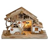 Große LED Weihnachtskrippe aus Echtholz - Holz Krippe beleuchtet für Advent und Weihnachten mit vielen liebevollen Details - Stall in 39 x 23 x 19 cm für Figuren als Weihnachtsdeko