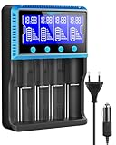 Universal Akku Ladegerät, 18650 Akku Ladegerätmit 4 Schacht, LCD Smart Schnell Aufladen Batterieladegerät für NI-MH NI-CD AA AAA Li-Ion LiFePO4 IMR 10440 14500 16340 18650 RCR123 26650