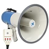 VONYX MEG060, Megafon mit Sirene und Mikrofon 60 Watt, MP3, USB, SD, AUX, lautes Megaphone Lautsprecher, Megaphon mit Aufnahmefunktion, Sprachverstärker bis 1 KM, Umhänge-Gurt, blau-weiß