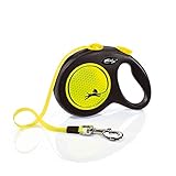 flexi® Neon L Gurt 5 m schwarz, neon-gelber Gurt, reflektierende Seitenfläche, Roll-Leine für Hunde bis 50 kg