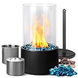 Eufrozy Tischkamin Outdoor, Ethanol Kamin Outdoor Indoor mit Winddichtem Glasabdeckung, Rauchfrei Tragbare Bioethanol Tischfeuer mit Hellblauer Glasstein 3h Brenndauer für Balkon Deko Terrasse