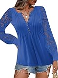 Sofia's Choice Damen Langarm Tunika Spitze T Shirt Plissiertes mit Knopfleiste Oberteile Blue L