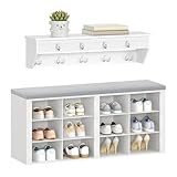 Hzuaneri Garderobe mit Sitzbank, Schuhbank mit Sitzfläche, Eingangsbank 30 x 104 x 49 cm, Wandgarderobe mit 9 Haken Kleiderhaken für Wohnzimmer, Schlafzimmer, Eingangsbereich, Weiß-Grau, HT24903GY