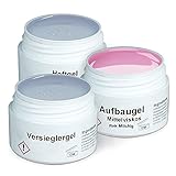 GS-Nails UV Gel-Set - 3x 15ml Nagel-Gel für Nail-Art & Nagel-Design - Haft-Gel, mittelviskoses Aufbau-Gel Pink Milchig, Versiegelungs-Gel - 45ml