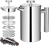 Wrobic Französische Presse Kaffeemaschine, 600ml Edelstahl Französische Presse mit 3-Level Filtration System, Doppelwand Isolierte Französische Presse mit 3-Filtern und 1-Metalllöffel