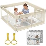 Fodoss Baby Laufgitter mit Matte, 120x120cm Laufstall Baby, Laufstall mit Matratze, Atmungsaktives Netzdesign, Laufstall für die Wohnung(Beige)