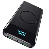 Wireless Powerbank Schnellladen 26800mAh, Power Bank 25W PD3.0+QC4.0, 15W Wireless Charger Powerbank 4 Outputs USB C Externer Akku mit LCD Display Kompatibel mit iPhone Huawei Samsung Oppo-Schwarz