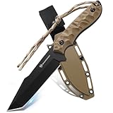 DRACHENADER Tanto Messer B-ER-TANTO POINT, Jagdmesser 13 cm Klingenlänge, 5Cr14MoV Stahl, Full Tang Messer Outdoor, Gürtelmesser mit Scheide, Schwarze Klinge + Khaki ABS Griff