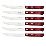 Tramontina Steakmesser, Pizzamesser, Set 6-teilig, 6 Steakmessern aus Edelstahl, Holzgriff rot FSC